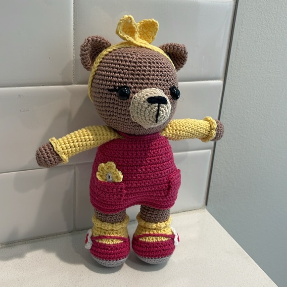 Handcrafted Brownie Bear Doll Figure in Dress Crochet Amigurumi Toy Floral Sunny - Picture 2 of 13